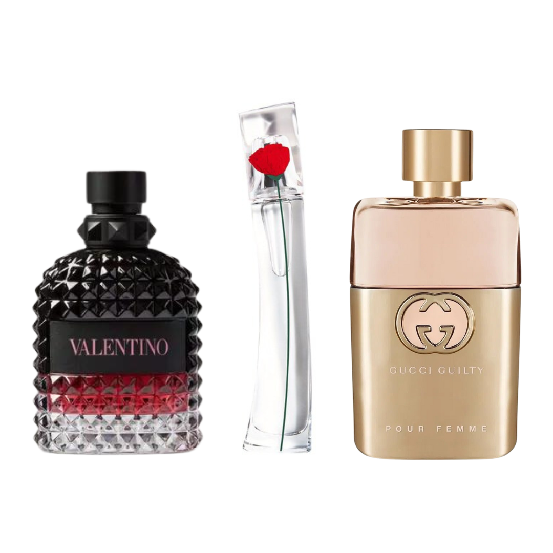 KIT 3 Perfumes: Gucci Guilt, Valentini Intense, and Flower Kenzo 100ml